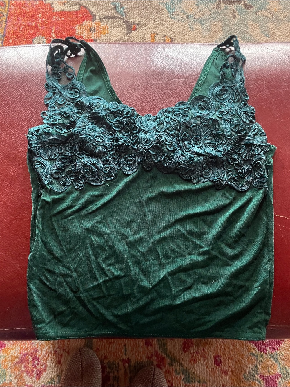 LUNA’S Lace-Trim Emerald Green Tank Top, Size L